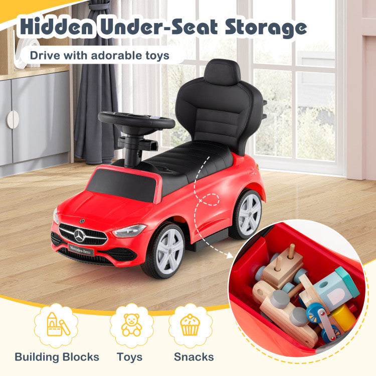 Red toy car with hidden under-seat storage filled with toys and snacks in a room.