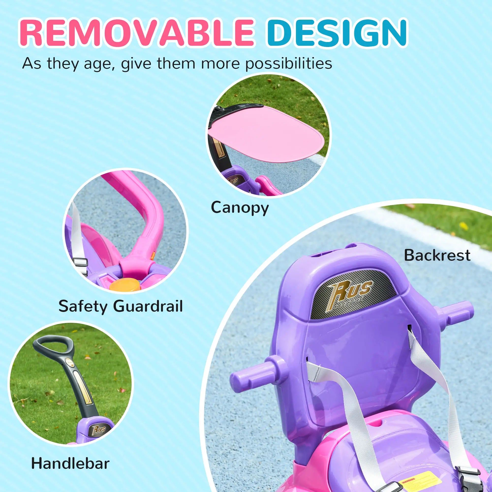 Detachable handle shown for push and ride modes