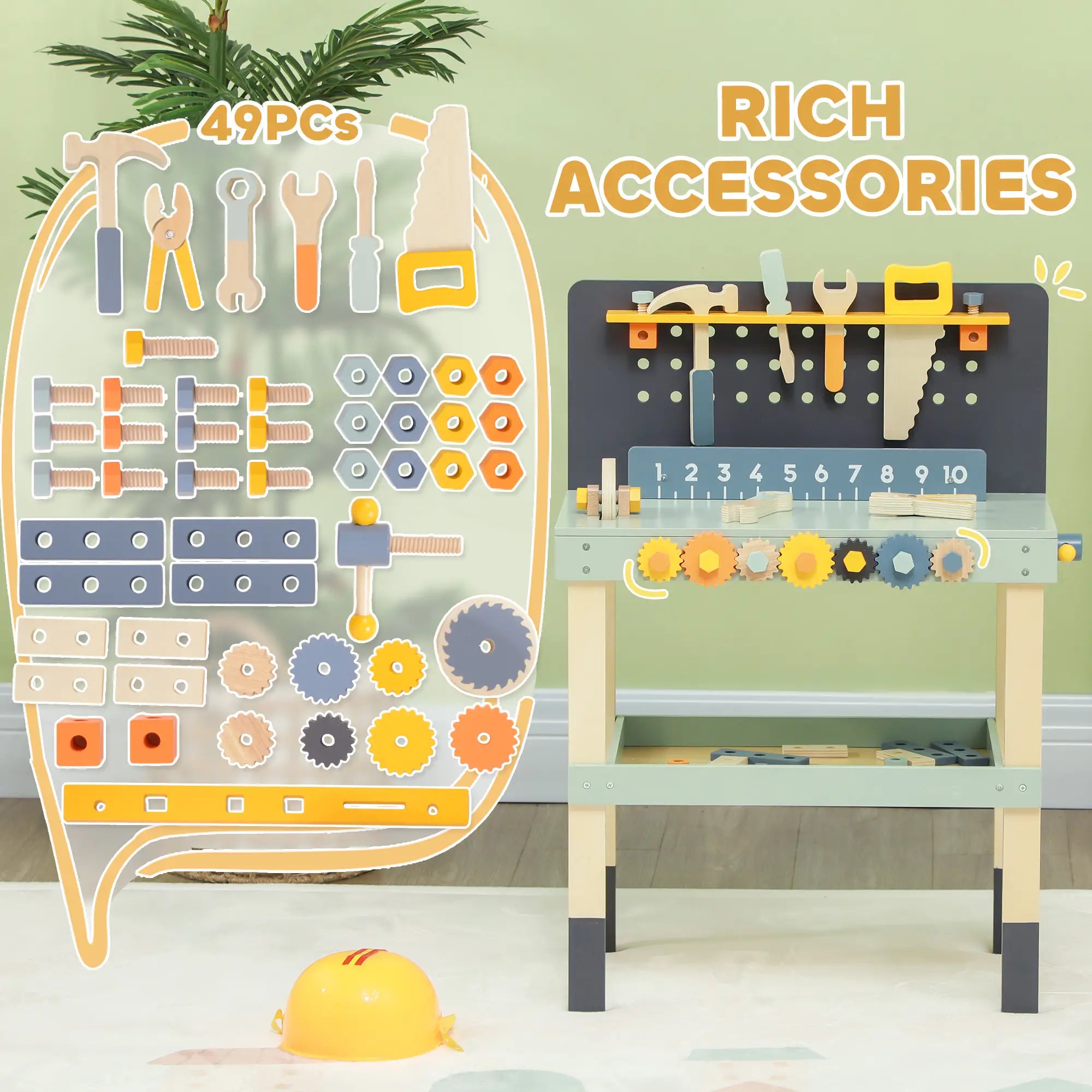 Educational wooden tool bench for learning play