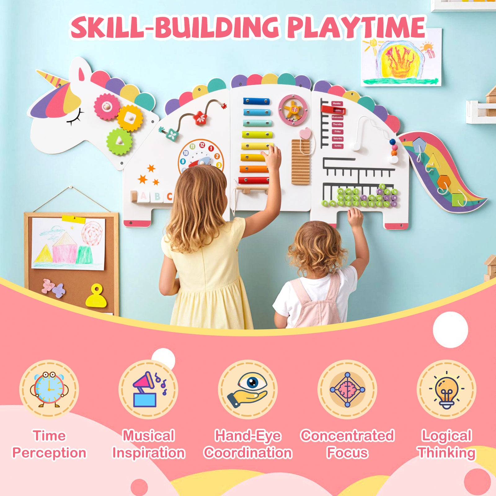 Educational wall panel featuring clock, maze, xylophone, and gears