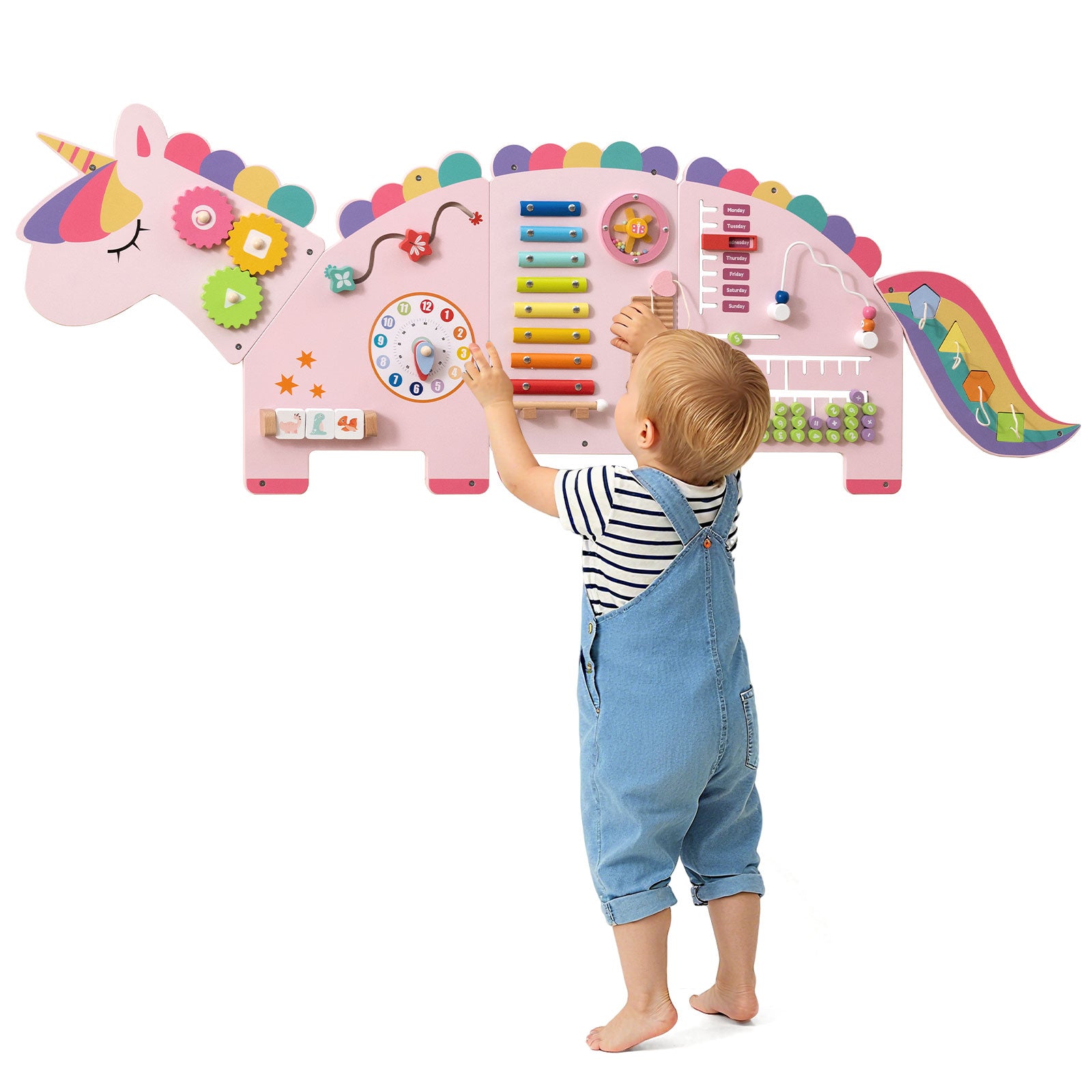 Educational wall panel featuring clock, maze, xylophone, and gears1