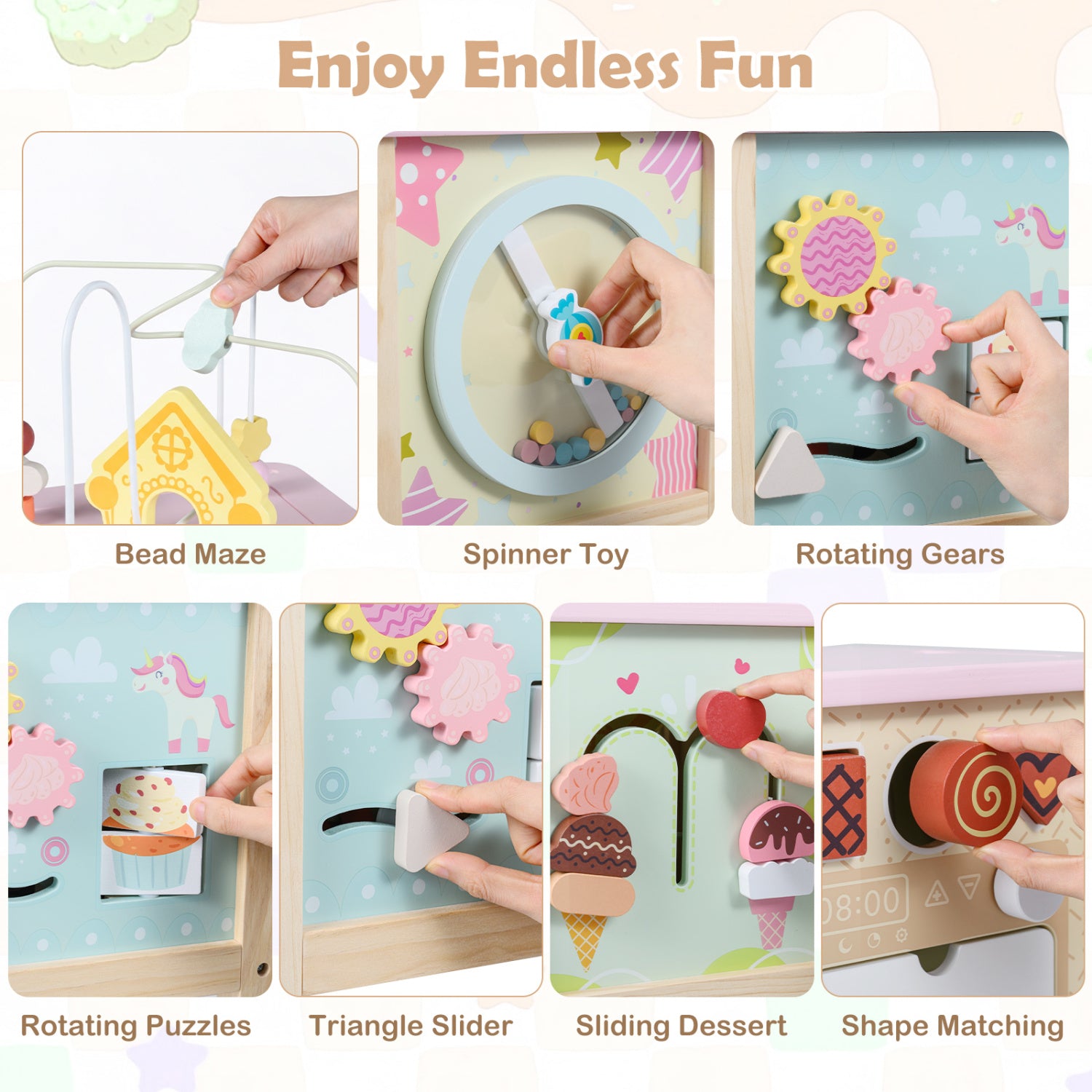 Educational wooden activity cube designed for early childhood learning