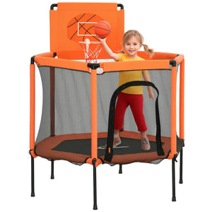 Child playing with a basketball on an orange trampoline with basketball hoop