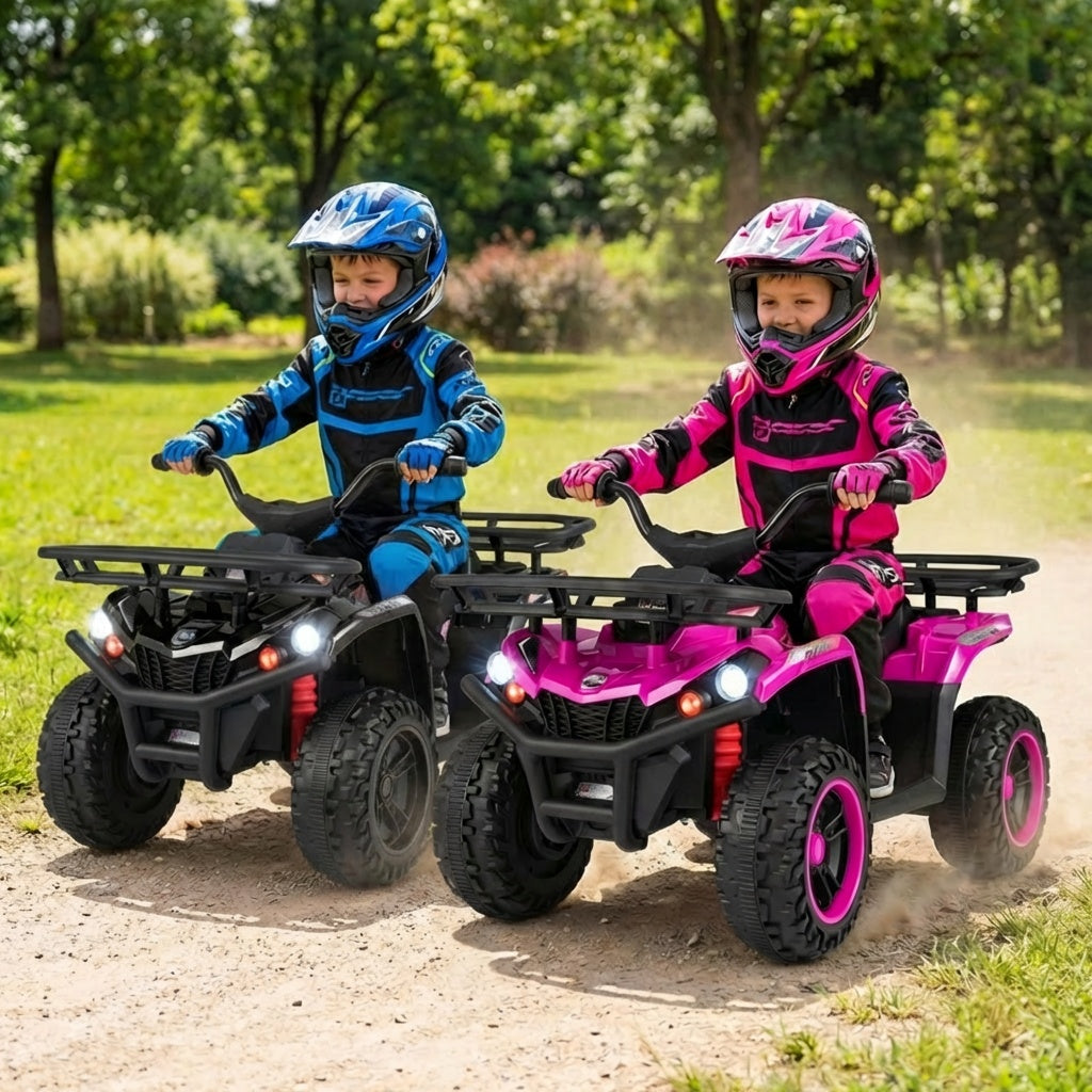 Two children riding toy ATVs on a dirt path with trees in the background