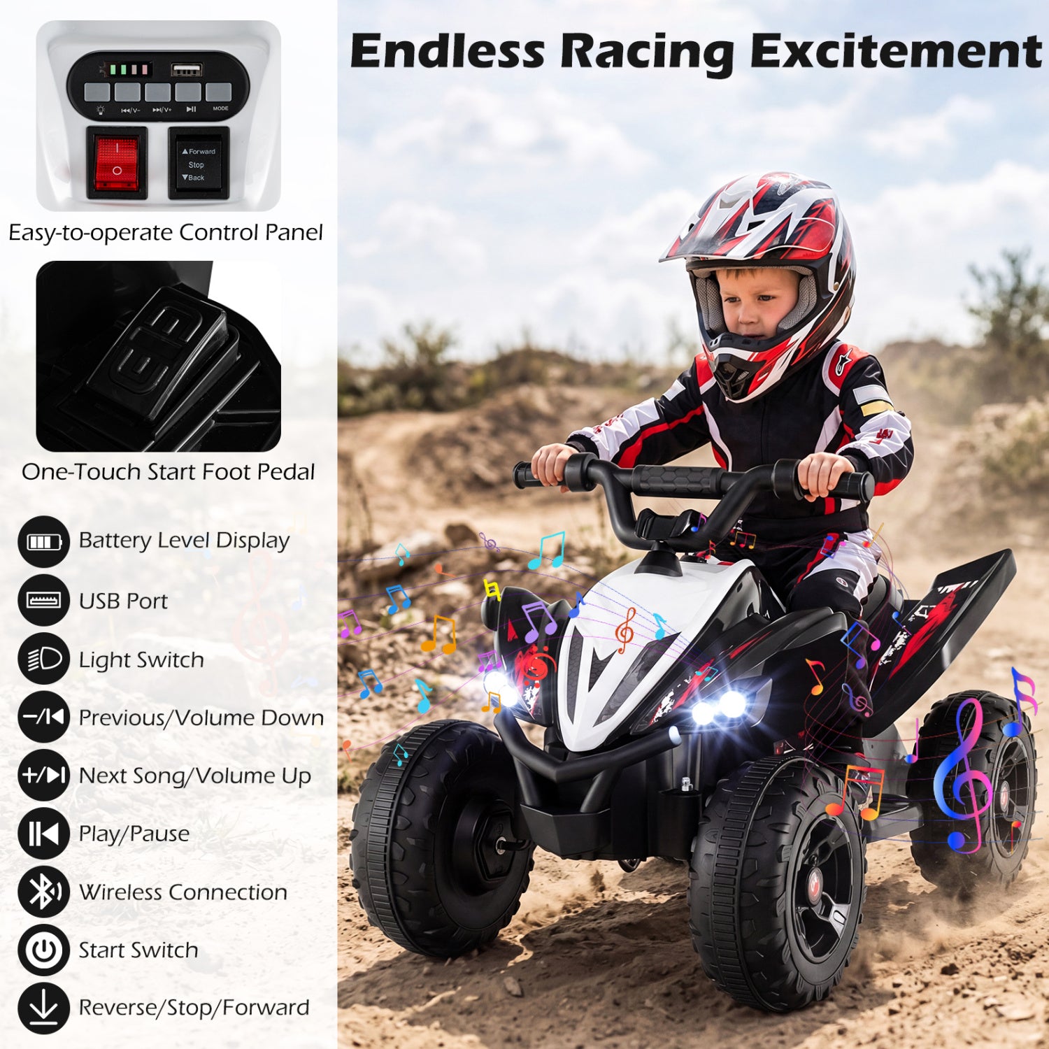 Child riding a toy ATV with control panel details on the left, set against a desert landscape.