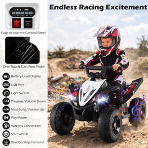 Child riding a toy ATV with control panel details on the left, set against a desert landscape.