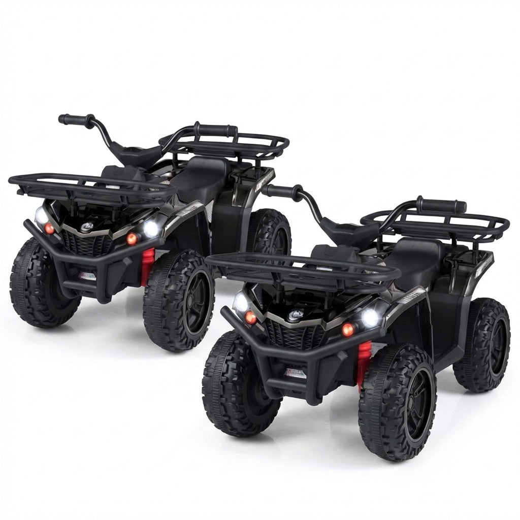 Two black ATVs with red accents on a white background