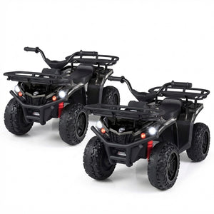 Two black ATVs with red accents on a white background