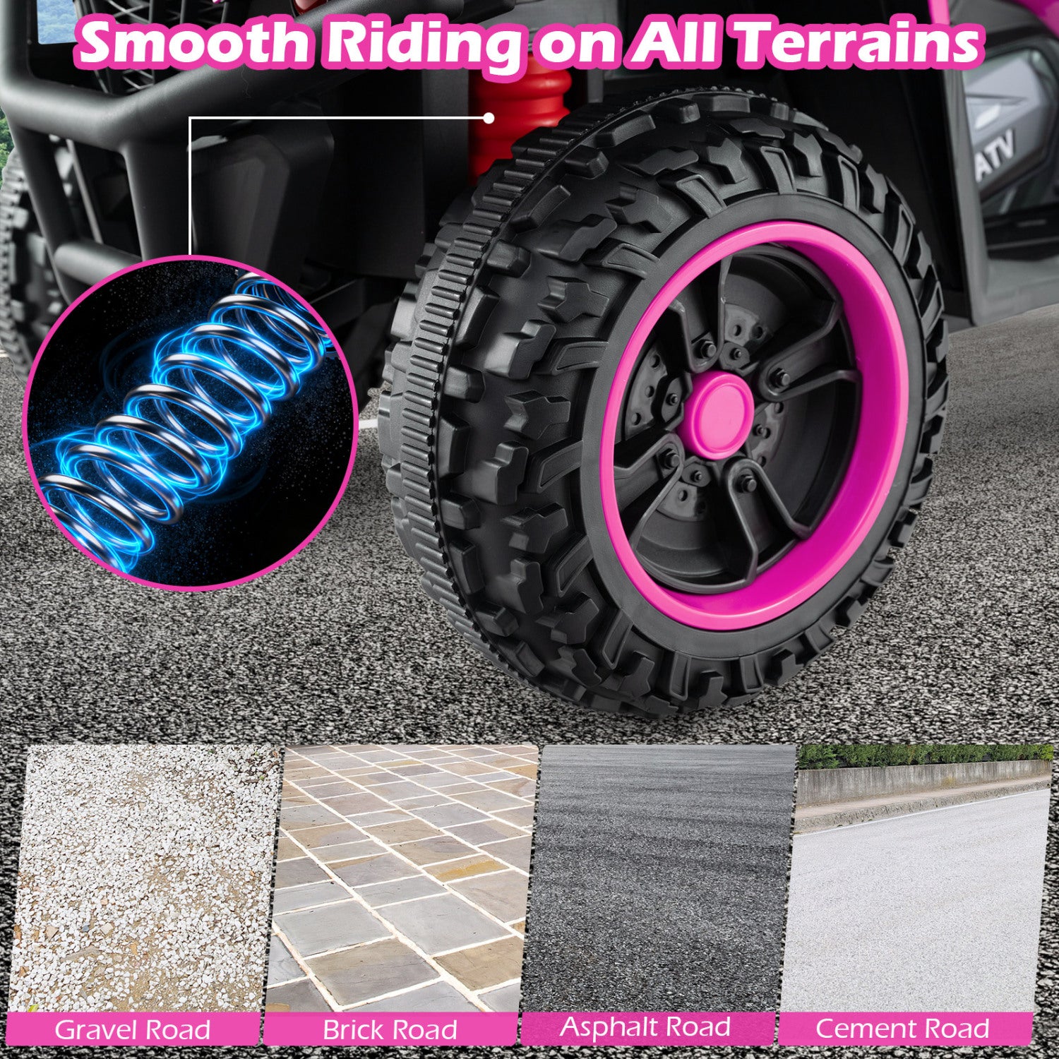 Off-road tire with pink rim on a vehicle, showing its suitability for various terrains.