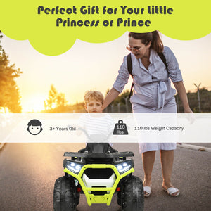 Woman pushing a child in a green and black toy vehicle with text about it being a perfect gift for children.