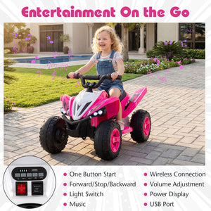 Child riding a pink toy ATV on a patio with pool and garden in the background
