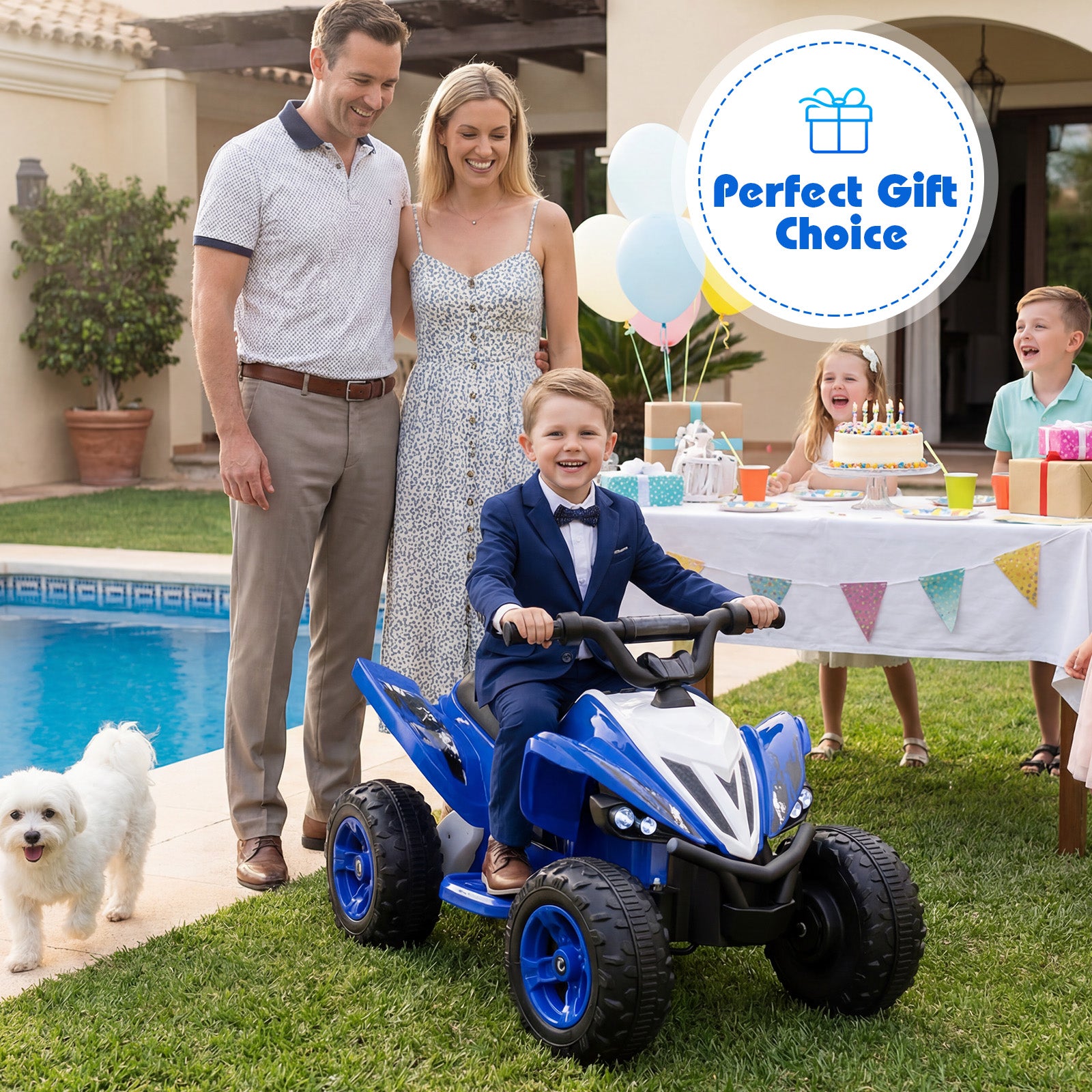 Family with a child on a toy car by a poolside, with balloons and a 'Perfect Gift Choice' label.