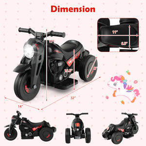 Black toy motorcycle with dimensions on a white background
