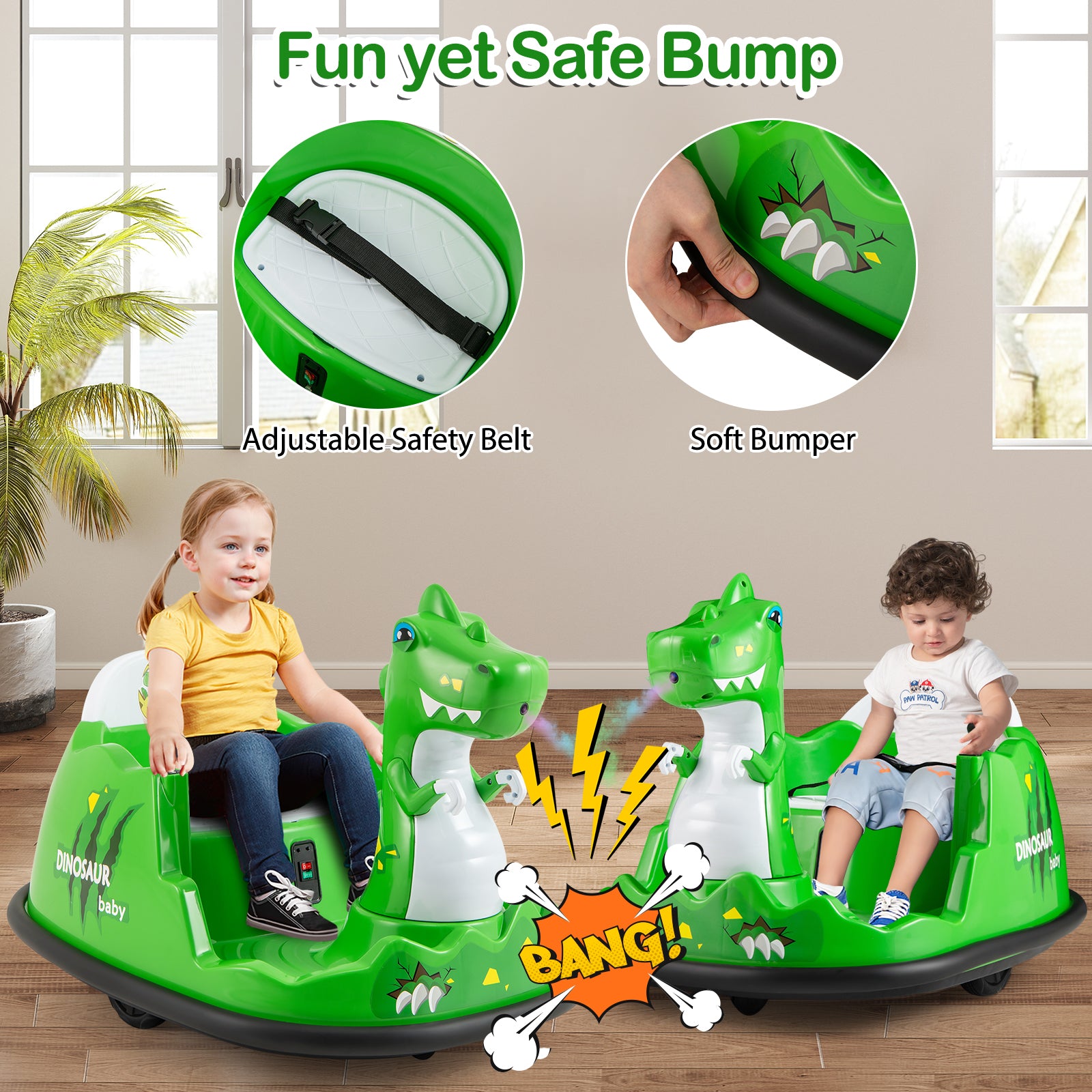 Children playing on a green dinosaur-shaped ride-on toy with safety features highlighted.