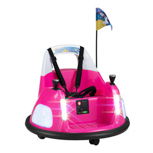 Pink toy car with lights and a colorful flag on a white background