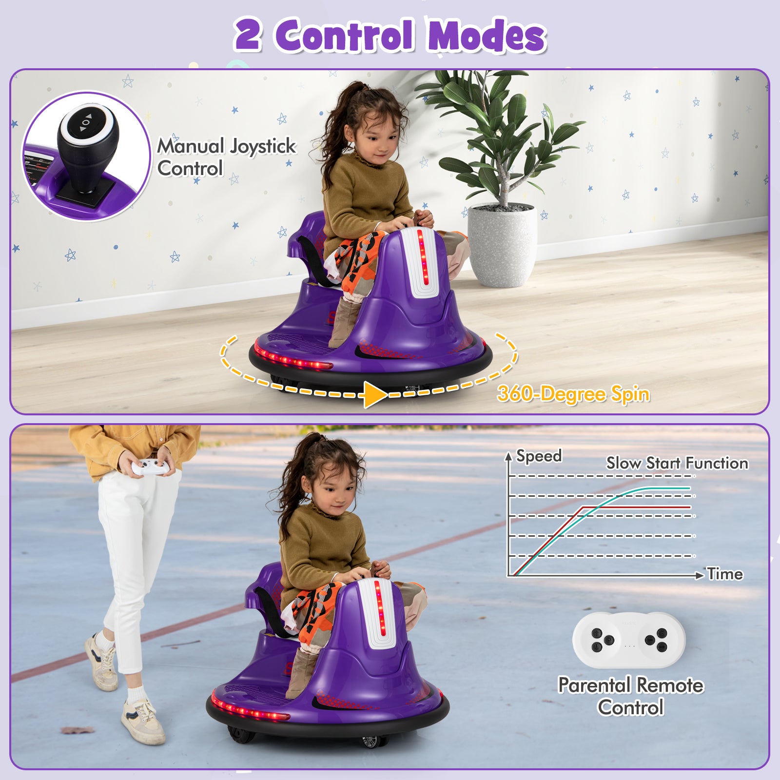 Children's purple toy vehicle with manual joystick and remote control features, indoors.