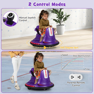 Children's purple toy vehicle with manual joystick and remote control features, indoors.