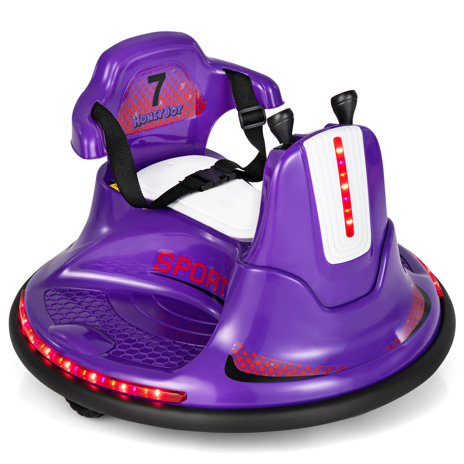 Purple children's bumper car with red lights on a white background