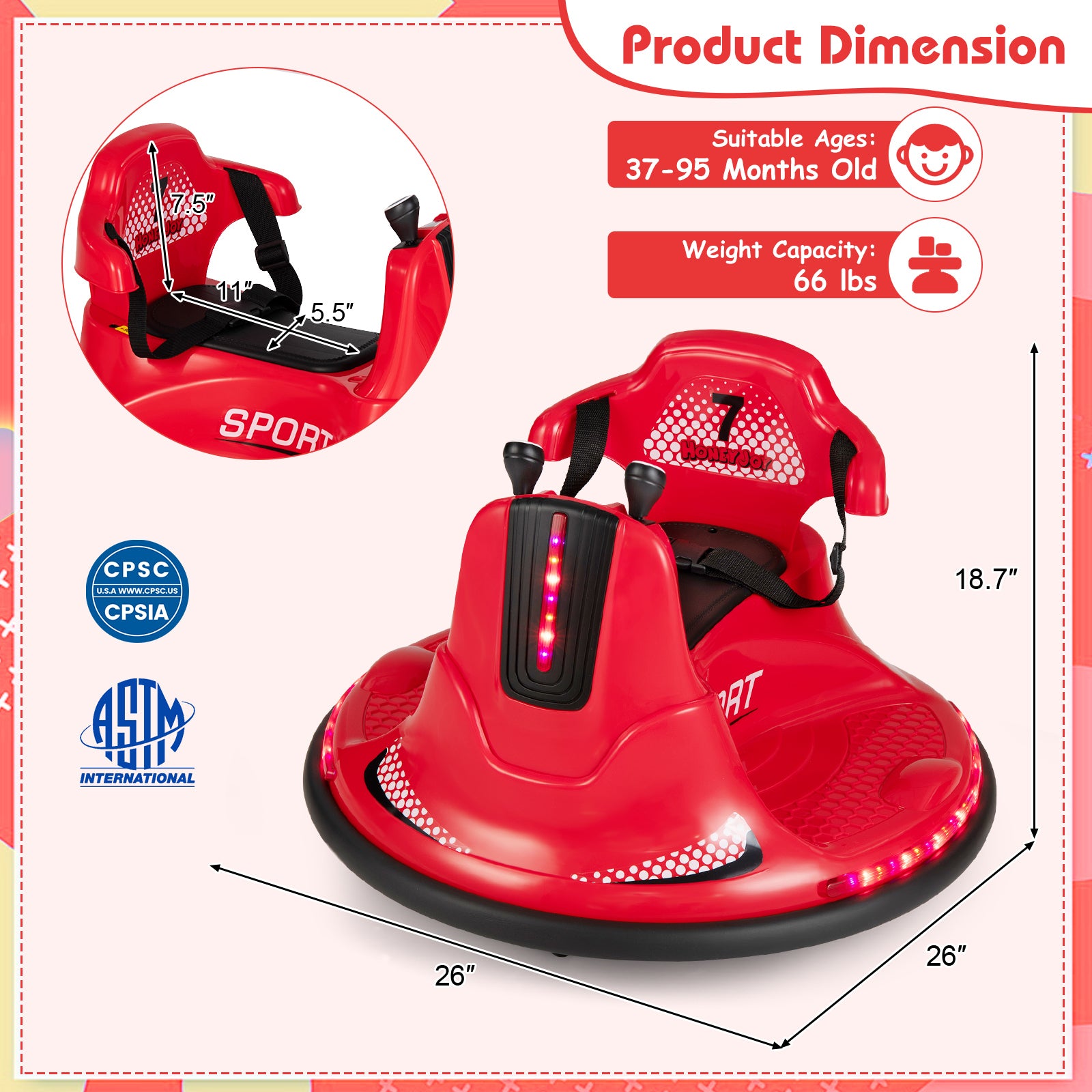 Red children's car seat with dimensions and safety certification logos on a white background