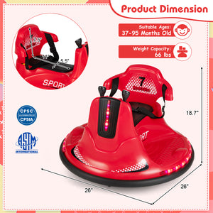 Red children's car seat with dimensions and safety certification logos on a white background