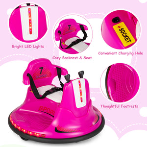 Pink children's toy car with features highlighted on a pink background