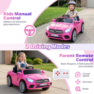 Children playing with pink toy Mercedes-Benz car, featuring remote control and manual control options.