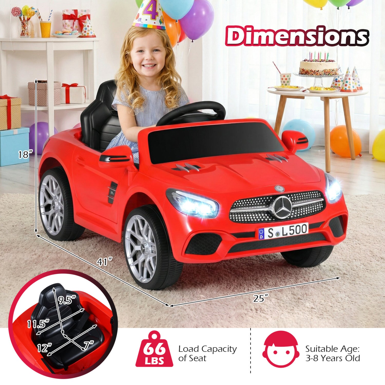 Red toy car with dimensions and a child in a birthday party setting