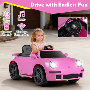 Child in a pink toy car with features highlighted on a pink banner.