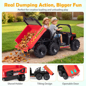 Children playing with a toy dump truck in an outdoor setting, with additional features highlighted.