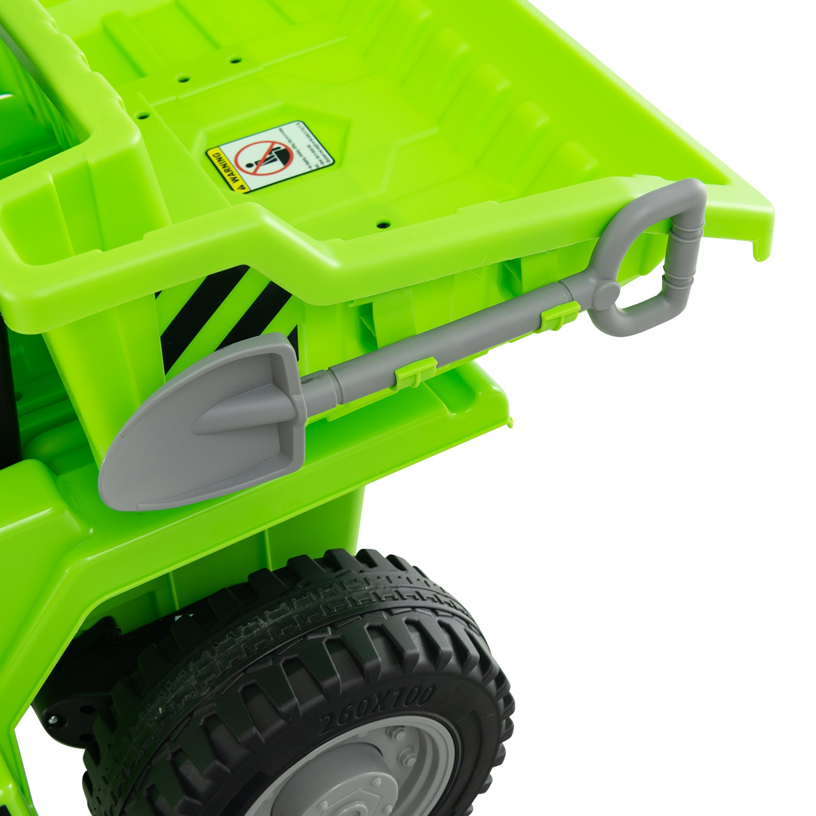 Green toy dump truck with a gray shovel attachment on a white background