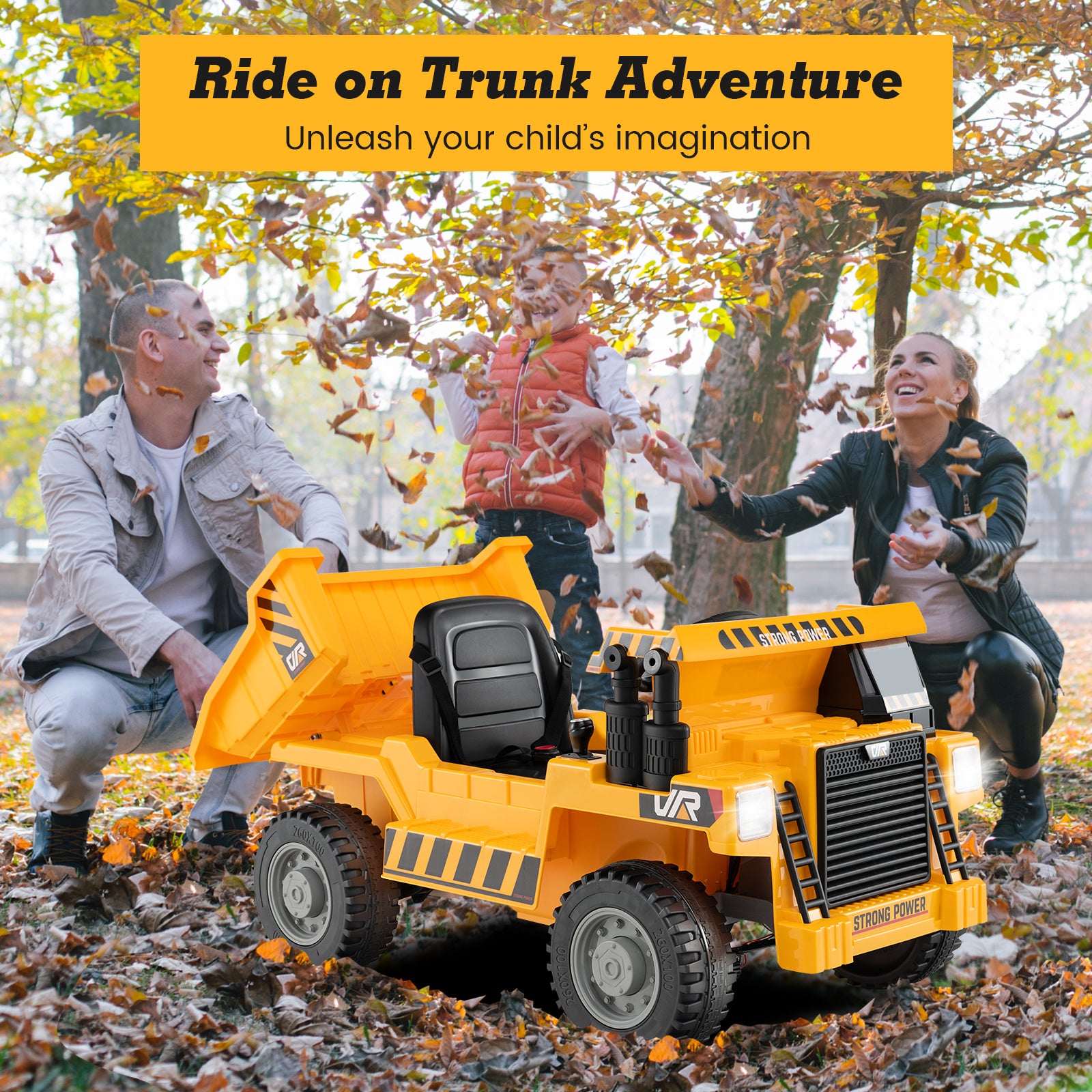 Toy dump truck in front of a family playing in autumn leaves with text 'Ride on Trunk Adventure' and 'Unleash your child's imagination'.