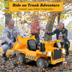 Toy dump truck in front of a family playing in autumn leaves with text 'Ride on Trunk Adventure' and 'Unleash your child's imagination'.