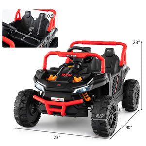 Children's toy off-road vehicle with dimensions displayed on a white background