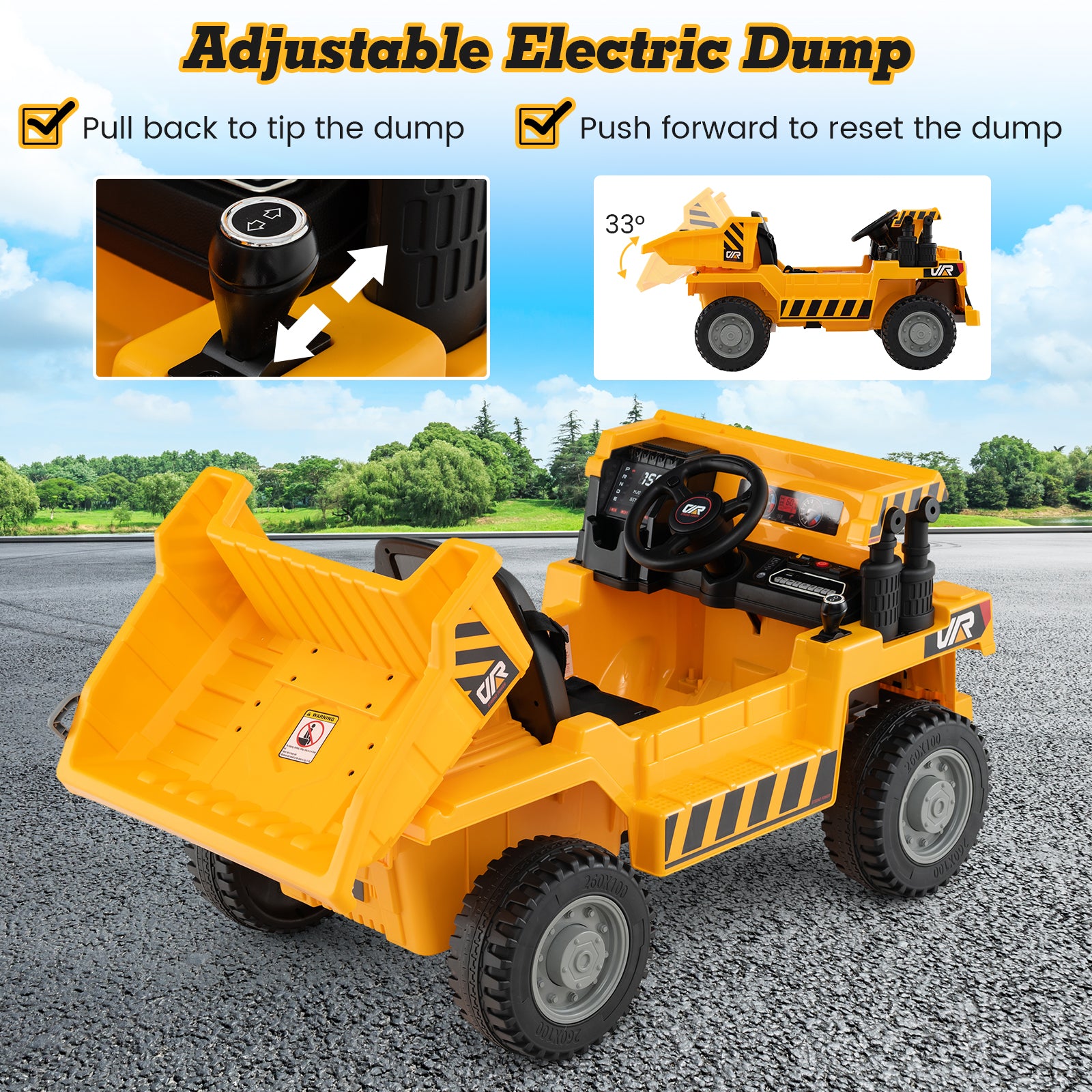 Toy bulldozer with adjustable electric dump feature on a road with greenery in the background.