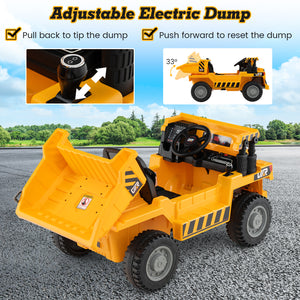 Toy bulldozer with adjustable electric dump feature on a road with greenery in the background.
