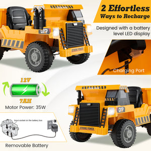 Toy dump truck with charging port and battery information on a white background
