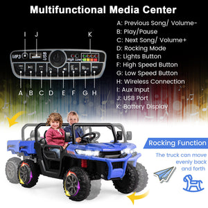 Blue toy truck with control panel and children inside, featuring multifunctional media center controls.