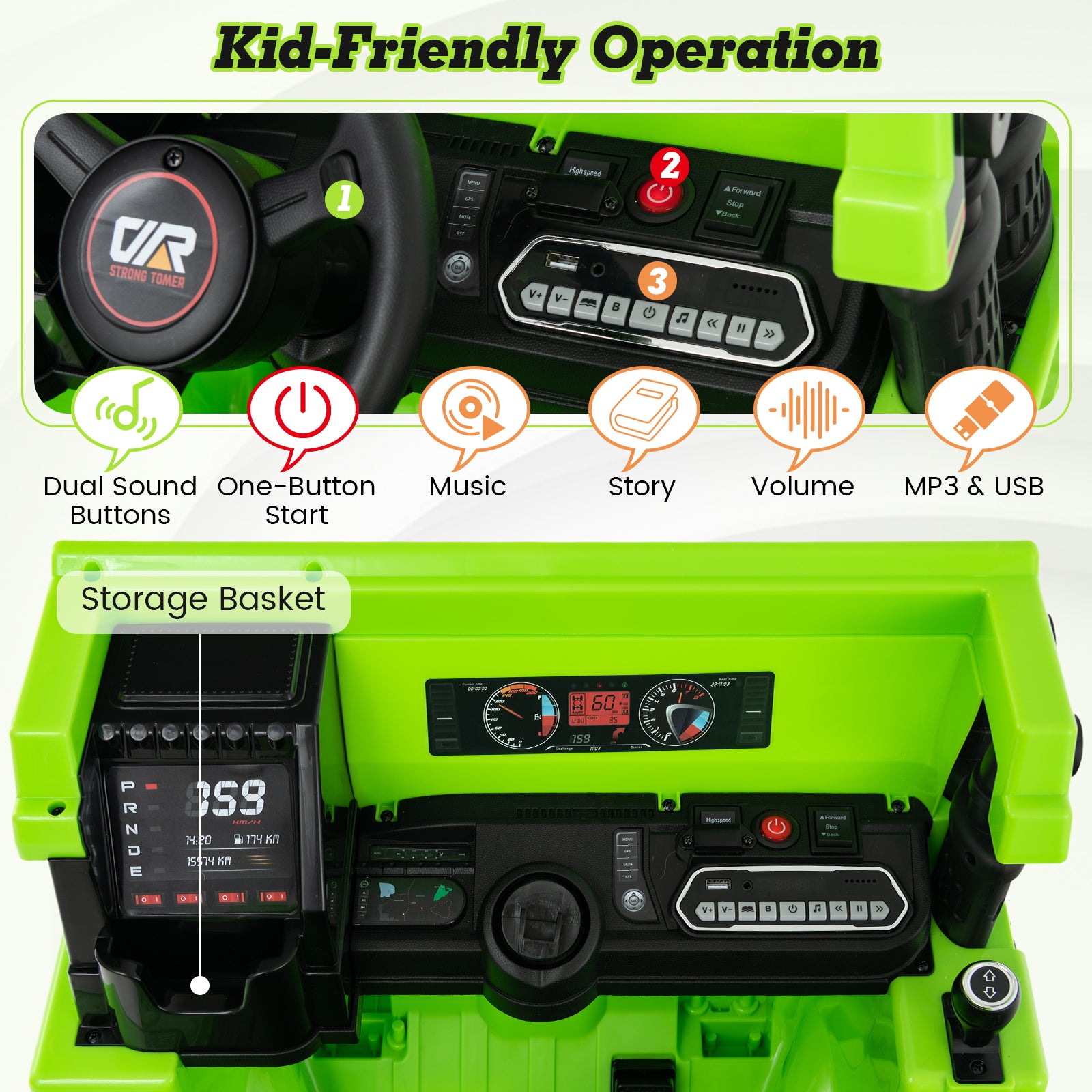 Green toy car with control panel and features highlighted, including dual sound buttons and storage basket.