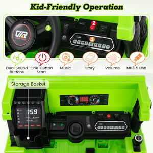 Green toy car with control panel and features highlighted, including dual sound buttons and storage basket.