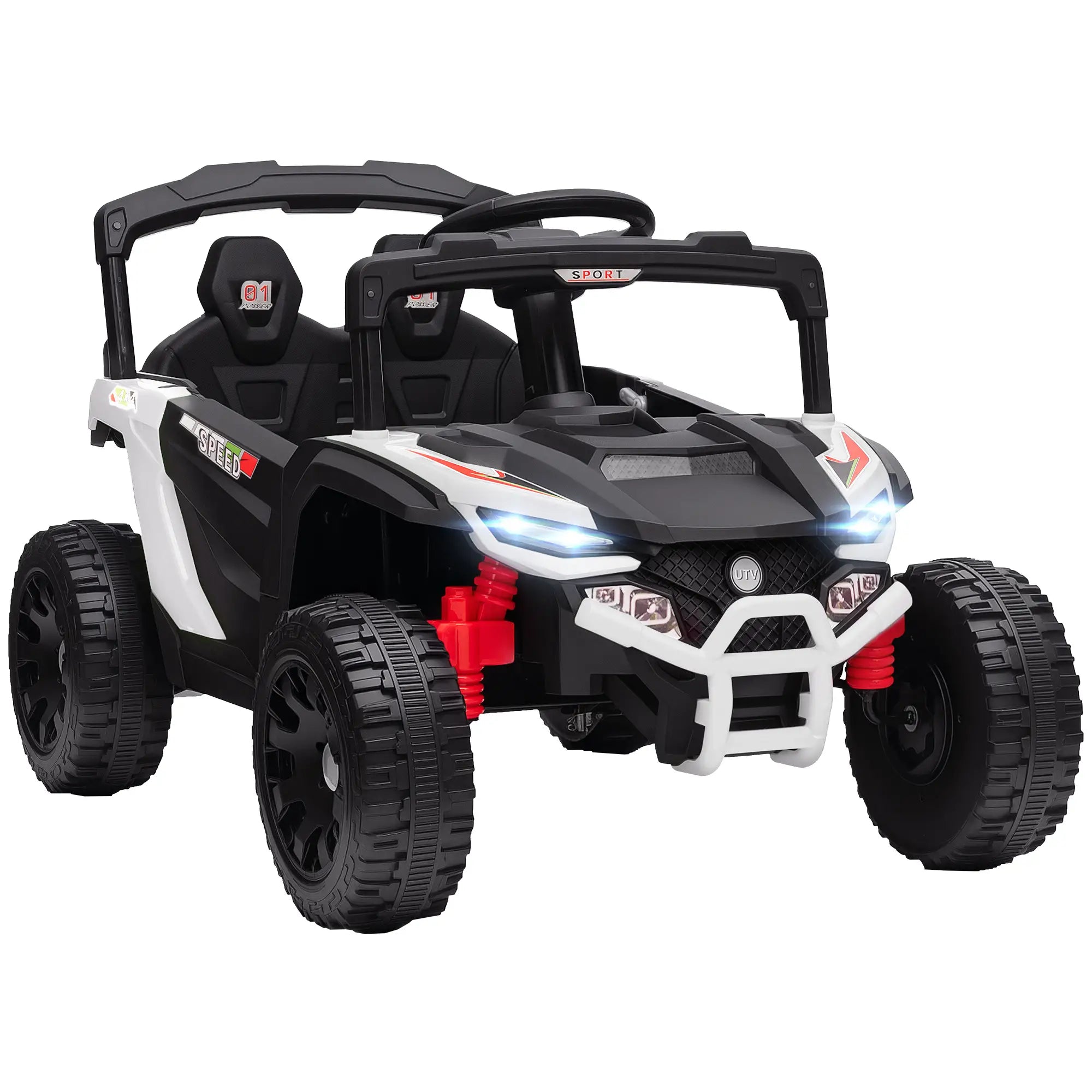 Toy off-road vehicle with black, white, and red design on a white background