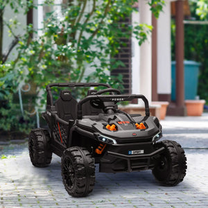 Toy off-road vehicle on a paved area with greenery in the background