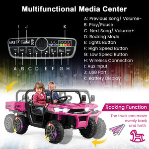 Pink toy truck with control panel and children inside, featuring multifunctional media center controls.