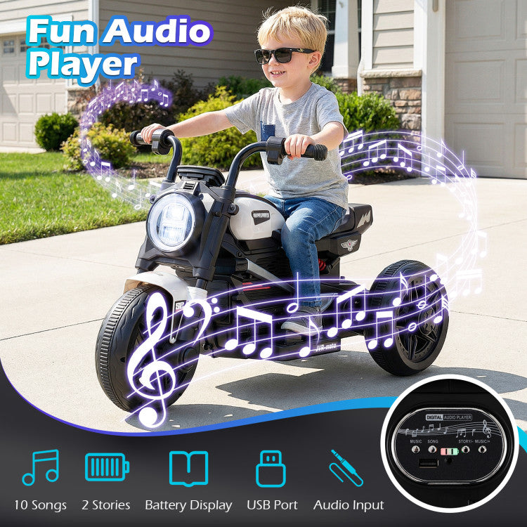 Child riding a toy car with fun audio player features, including music notes and text about features.