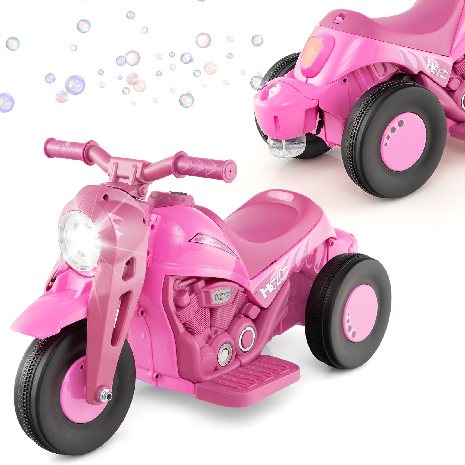 Pink toy motorcycle with black wheels on a white background
