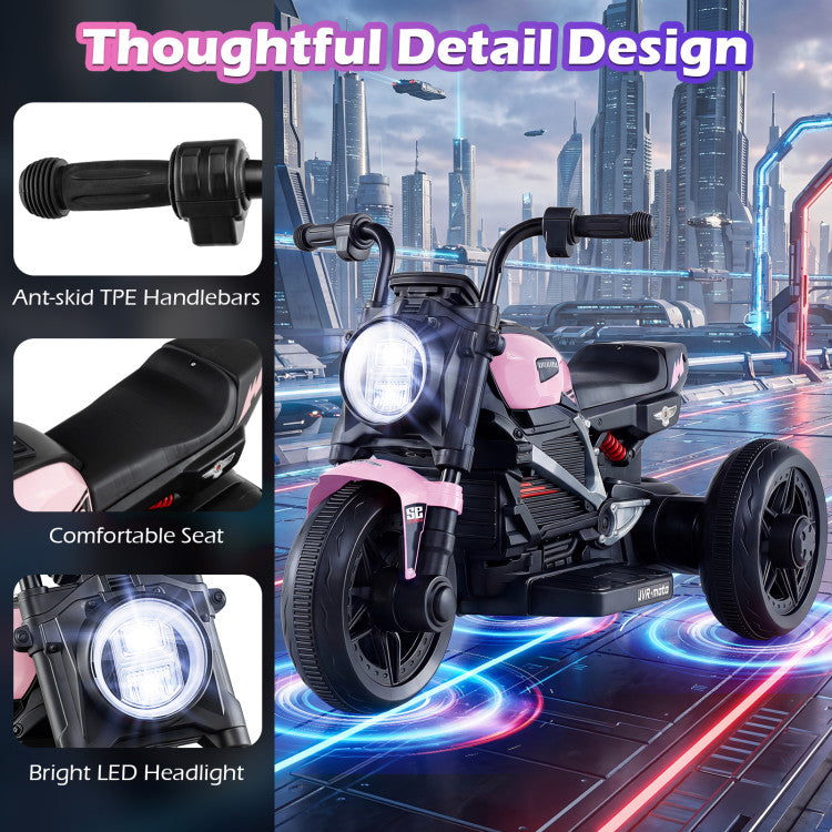 Children's electric tricycle with detailed features and a futuristic cityscape background.
