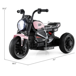 Children's toy motorcycle with dimensions displayed on a white background