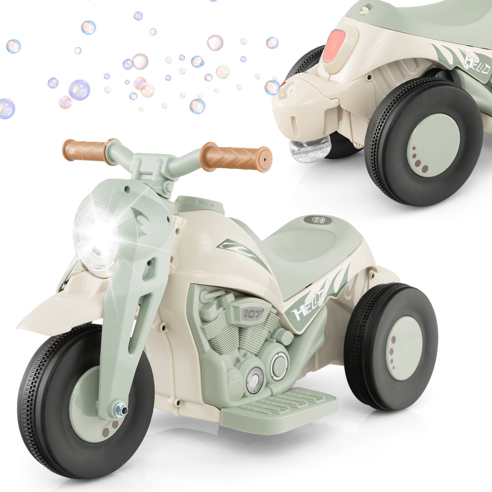 Children's toy motorcycle with a light green and beige design on a white background.