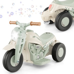 Children's toy motorcycle with a light green and beige design on a white background.