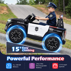 Child in a police uniform driving a toy police car on a road with product features displayed.