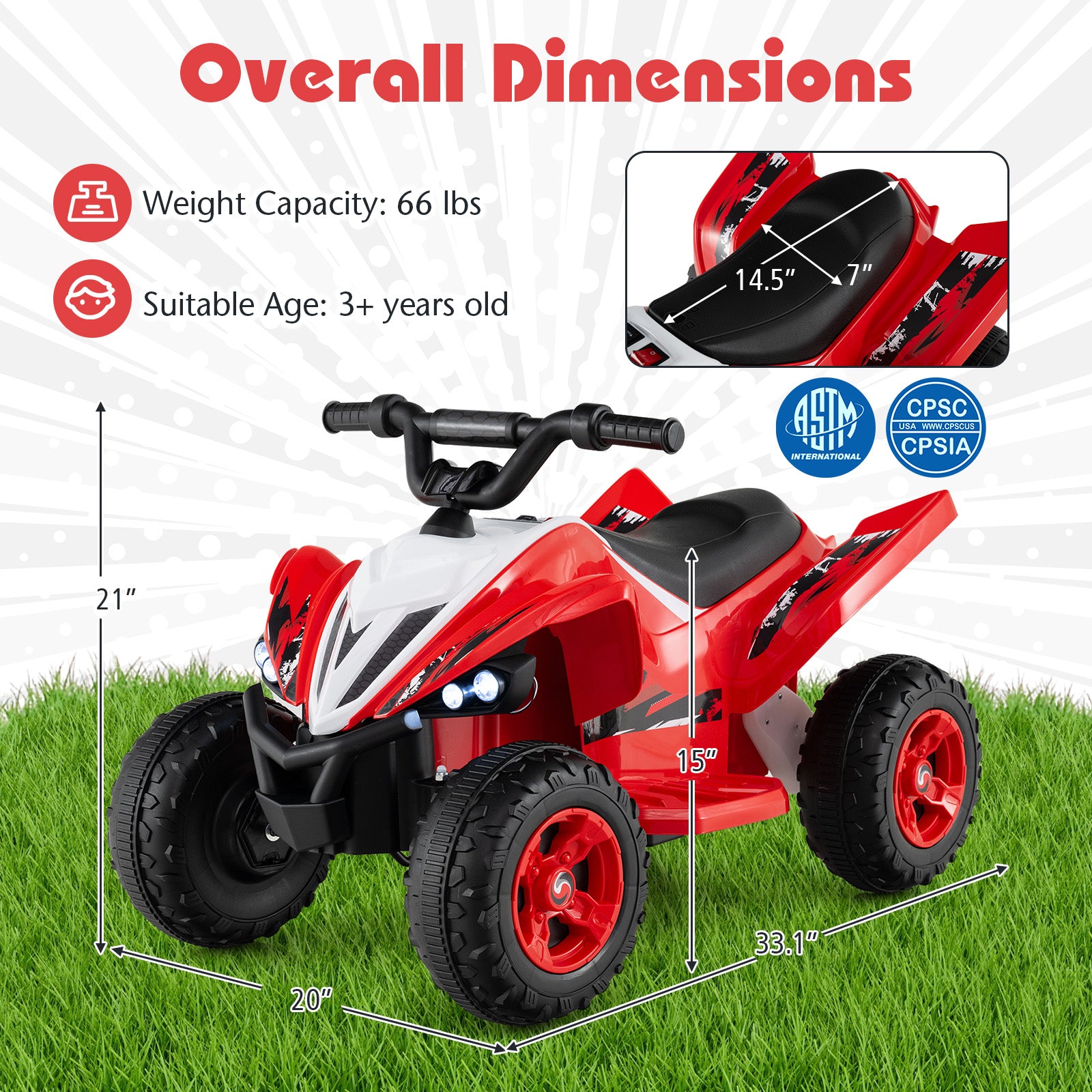 Red toy ATV with dimensions and safety certification logos on a grassy background